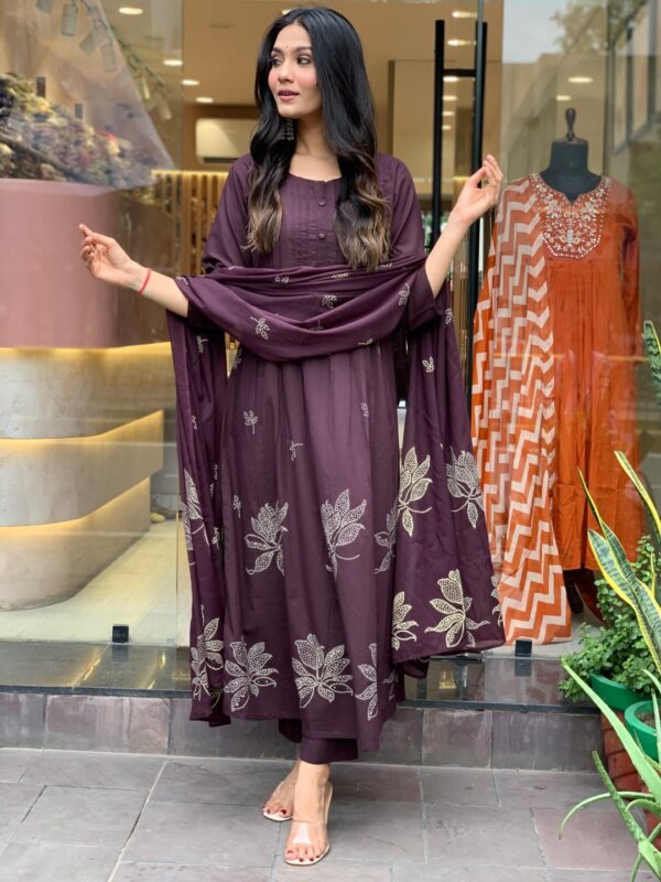 Floral Printed Round Neck Anarkali Kurta With Trousers & Dupatta