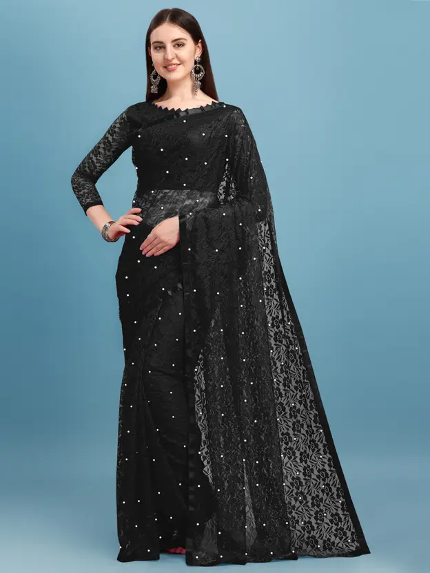 Self Design Lucknow Chikankari Net Saree  (Black)