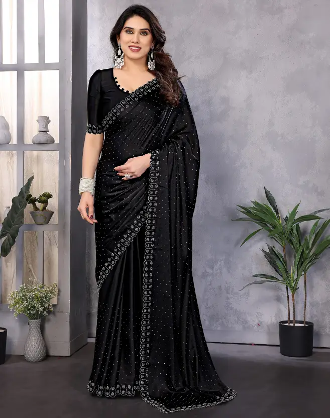 Embellished Bollywood Satin Saree  (Black)