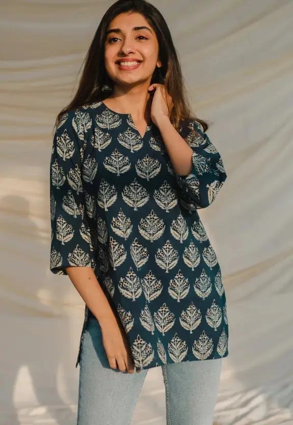 Regular Sleeves Printed Women Dark Blue Top