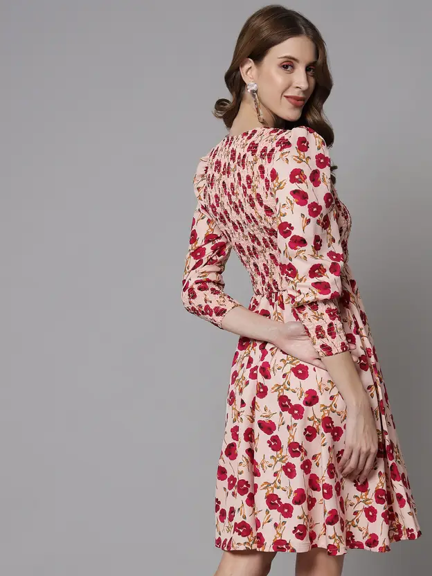 Women Fit and Flare Beige Knee Length Dress